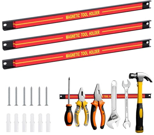 T-LOVENDO.ES Set de 3 Barras Magnéticas para Herramientas | Soporte Metálico de Pared con Imán Fuerte y Tornillos | 45 cm | Organizador para Taller, Garaje, Cocina o Bricolaje