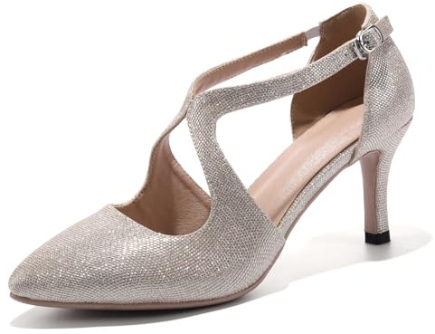 HIPPOSEUS Escarpins Femme à Bout Pointu Sexy Chaussures Talon Aiguille avec Bride Cheville pour Fête Mariage Soirée ou Sortie Habillée,Or Clair,37 EU