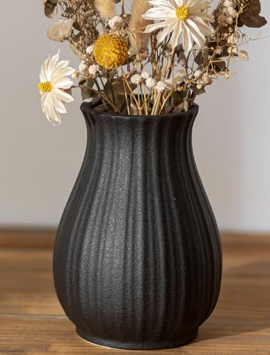 NUPTIO Black Ceramic Vase Farmhouse: 16cm Modern Flower Pampas Grass Vases for Living Room Bedroom Kitchen - Aesthetic Decorative Centrepiece for Window Shelf Coffee Table