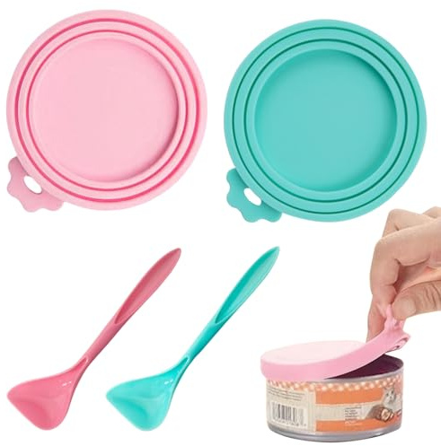 LEBKFT 2-Pack Can Lids for Tins with Spoon, Silicone Lids Food Covers for Pet Food Storage Universal Size Can Covers Fit Cat and Dog Cans Airtight Seal, Pink and Green