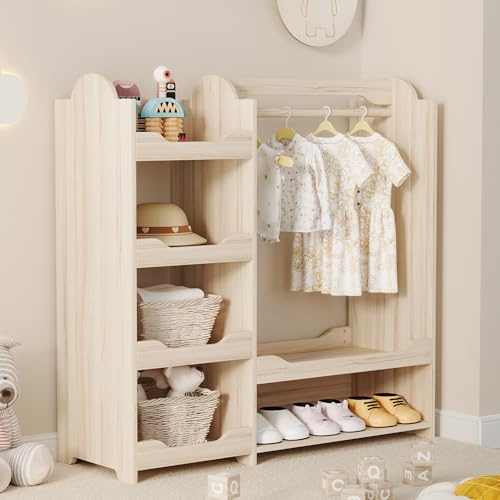 FAYICIC Kindergarderobe/Kinderkleiderschrank mit Kleiderstange & 4 Regalen, Aufbewahrung für Kinderzimmer, Standgarderobe Naturholz, 110x39x110 cm (B)