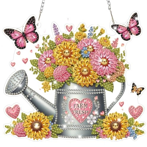 Lxmsja Spring Diamond Art Hanging Kits for Adults, Diamond Art Suncatchers Flowers, 5D Special Shape Diamond Painting Farm Fresh Watering Can Pendant Window Ornament Gifts for Home Decor