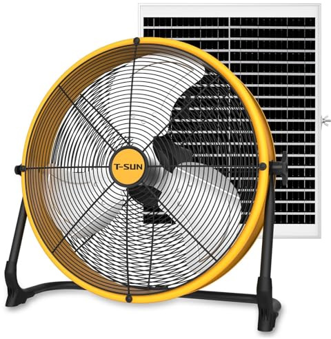 40CM Solares Ventilador de Suelo Industrial con Adaptador de CC, Ventilador de pie Portatil con Paneles Solares & USB y Type-C, Aspas de Aluminio Regulación Continua de la Velocidad para Camping Obra