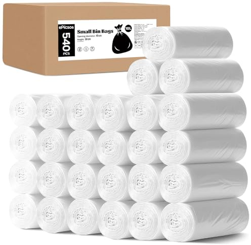 540 bolsas de basura pequeñas, bolsas de basura de plástico blanco de 10 L | Mini bolsas de basura con pedales, bolsas de basura para oficinas, restaurantes, hogares y escuelas