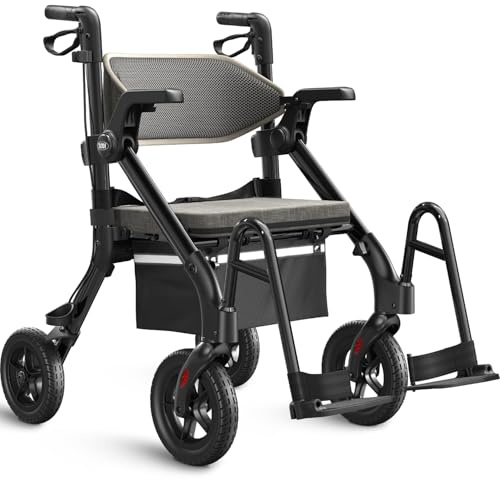 VOCIC Z55 Rollator Faltbar und Leicht mit Sitz, 2 in 1 Rollstuhl Klappbar | Rollatoren für Senioren, Outdoor Gummireifen für Allen Gelände, Aluminium Gehhilfer Transport-Stuhl, MAX 136kg, Obsidian