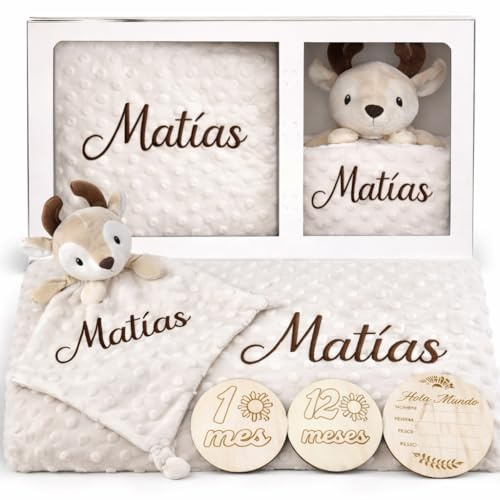 Pack Doudou + Manta Personalizados Nombre Bordado Regalo Recien Nacidos | Mantita Suave y Muñeco de Apego para Dormir Niño/a para Cuna y Carrito Baby Shower Crema con 7 Chapas Fabricado en España