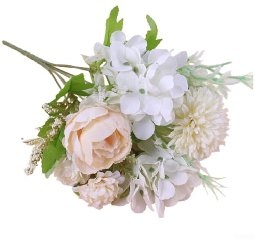 AugustknowU Bouquet de fleurs artificielles, roses et hortensias en soie pour cérémonie de mariage, décoration d'intérieur, séance photo (blanc)
