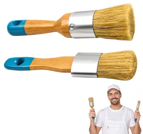 2 Pcs Frenchic Browning Wax & Chalk Paint Brush Set for Furniture, Natural Bristle Round and Flat Paint Brushes with Wood Handle for Painting, Waxing & DIY