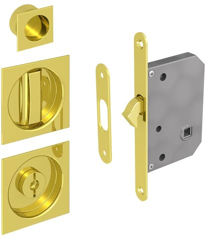 WC Hakenschloss Set für Schiebetüren, eckige Türrosette mit Griffmulde, Badezimmerschloss, Einsteckschloss, gold