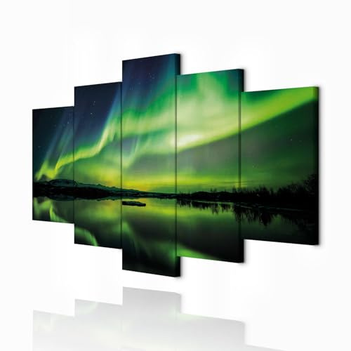 decomonkey Wandbilder Polarlicht 200x100 cm 5 Teilig Leinwandbilder schwarz | Bild auf Leinwand, Kunstdruck, Wanddeko, Wohnzimmer, Wanddekoration, Landschaft, Nordlicht, grün