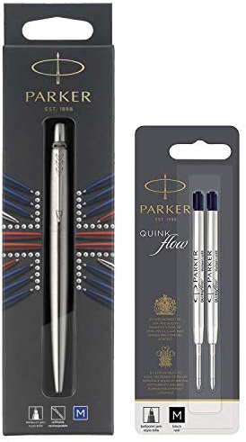 Parker Jotter Stainless Steel C.C. - Kugelschreiber + Parker 1950372 Quinkflow Nachfüllmine für Kugelschreiber mit mittlerer Spitze, 2er Packung, schwarz