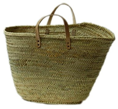 Capazo de Palma Reforzado, con asas corta de cuero pulido. Cesto o Bolso de mimbre para la playa, fibras naturales. (10V, aprox. 51x31 cm)