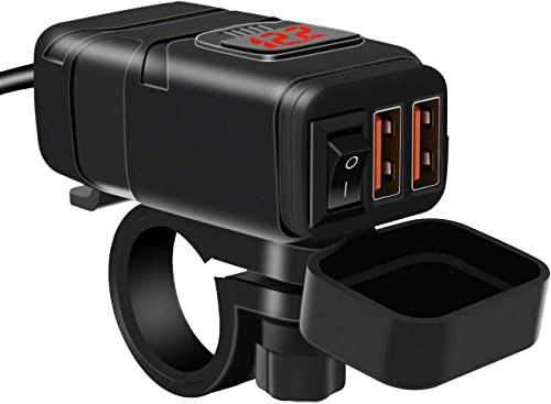 Kriogor Dual USB Motorcycle Car Charger, 3.0 Quick Charger and 6-30 V LED Voltmeter with Independent Switch, IP65 Waterproof Car Charger for 12 V Boat SUV Marine