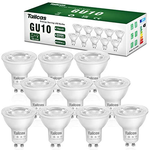 Tailcas GU10 LED Warmweiss, 7W LED Lampe Ersetzt 50W Glühbirne, 500LM 3000K GU 10 Lampen Warmweiß, Nicht Dimmbar LED Leuchtmittel GU10 Strahler, 38°Abstrahlwinkel Reflektorlampen,10 Stück