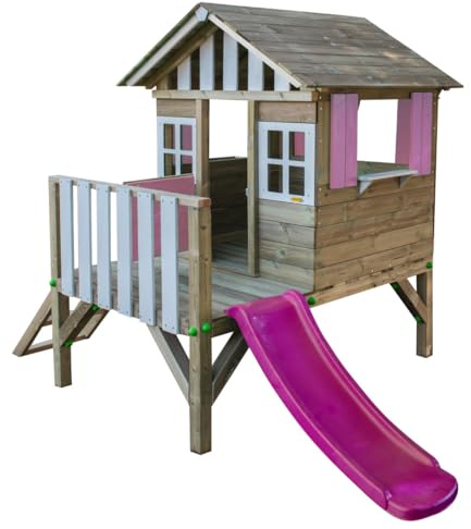 MASGAMES Maison pour enfant en bois surélevée Lollipop avec toboggan assorti Hauteur plateforme 59,5 cm Bois traité Rose
