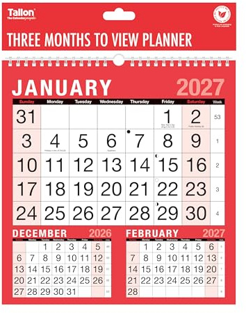 2027 Three Month To View Spiral Bound Wall Planner Calendar