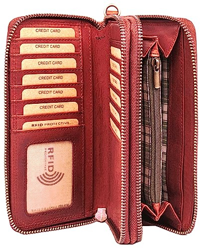 Benthill Geldbörse Groß Leder | Portemmonnaie mit RFID Schutz | Hochwertiges Rindsleder Portmonee Gross mit vielen Kartenfächern inkl. Geschenkbox, Farbe:Rot