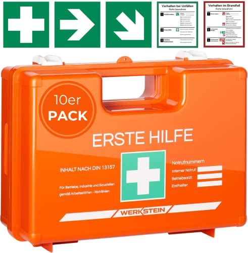 10x Erste Hilfe Kasten mit Inhalt nach neuer DIN 13157:2021 | Verbandskasten inkl. praktischer Wandhalterung, 5x Aufkleber & Plombe