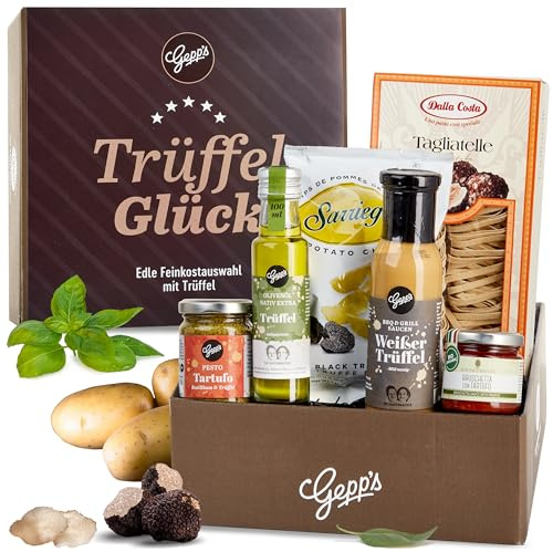 Gepp’s Feinkost Trüffelglück Geschenkbox I Feinster Präsentkorb | Mit Sommertrüffel Bruschetta, Trüffelpesto, Weißem Trüffelöl, Single Tartufo Nero, Weißer Trüffel Sauce & Pasta