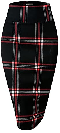 MINEFREE Women's Premium High Waist Nylon Ponte Stretch Office Pencil Skirt Checkered BlackRed L