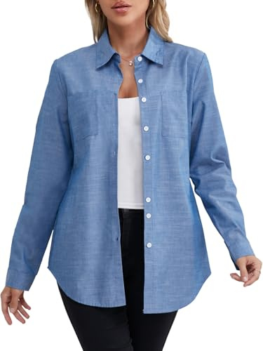 Fuinloth Dam långärmad skjorta knapp ner blus jeans bomull V-ringad T-shirt eleganta toppar Blå 38-40