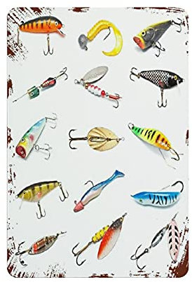 Oudrspo Metal Tin Sign Fishing Several Fish Hook Equipment Objects Vintage Tin Poster Metal Sign Wall Decoration Country Kitchen Home Garage Decor 12x8