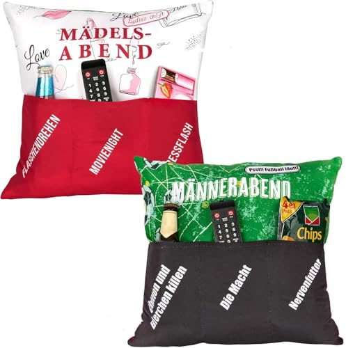 KAMACA Kuscheliges Wendekissen 2-in-1 Sofakissen mit Taschen 43x43 cm Lustiges Geschenk für Männer Frauen Freunde Teenager Deko für Couch Party Geburtstag Spieleabend (Mädelsabend und Männerabend)