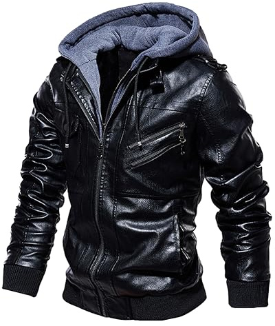 Oanviso Giacca Pelle da Uomo Giacca Moto Giacca Antivento con Cappuccio Invernale Giacche Outdoor Parka di Pelle PU Slim Fit Giubbotto Manica Lunga Biker Giacca A Nero L