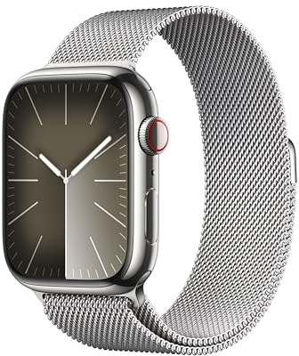 Apple Watch Series 9 (GPS + Cellular, 45 mm) Smartwatch mit Edelstahlgehäuse und Milanaise Armband in Silber. Fitnesstracker, Blutsauerstoff und EKG Apps, Always-On Retina Display, Wasserschutz