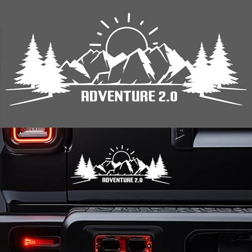 Sticker Adventure Camper Van 4x4 Geländewagen - Wohnmobil-Aufkleber - Sonne, Berge und Bäume - Schwarz und Weiß - Motorradkoffer - Wohnmobil-Vinyl - 29,5 x 11,5 cm (Weiß)