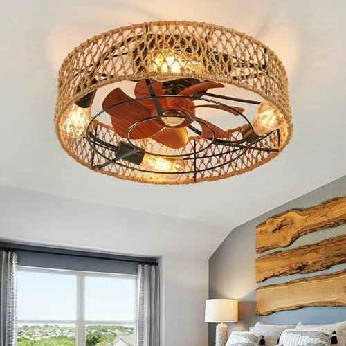 Vintage Ceiling Fans with Lights Linen Rope Reversible 6 Speed Ceiling Fan Lights with Remote Control Smart Timer Bedroom Light Fan Ceiling Silent Small Fan Lamp Ceiling Living Room-B