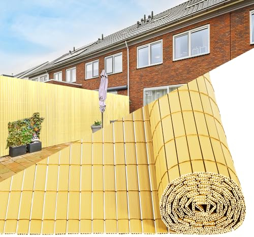 Tubiaz PVC Sichtschutzmatte 80×400cm, Sichtschutz im Garten mit W-förmiger Interner Verstärkung, Sichtschutzzaun Wetterfester für Balkon, Garten und Terrasse, mit Kabelbinder (Bambus)