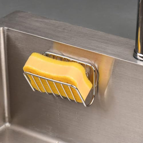 Multifunctional Metal Sink Sponge Holder, Sponge Holder, Kitchen Sponge Holder Draining Basket Kitchen Rack with 2 Suction Cups(Silver)