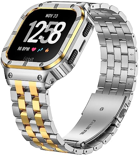 SUPLINK Edelstahl Gehäuse Band Kompatibel mit Fitbit Versa 4 Armband/Versa 3/Versa/Versa 2 Uhrenarmbänder Männer, Schutzhülle Armband für Fitbit Sense/Versa Lite/Fitbit Sense 2 Armband