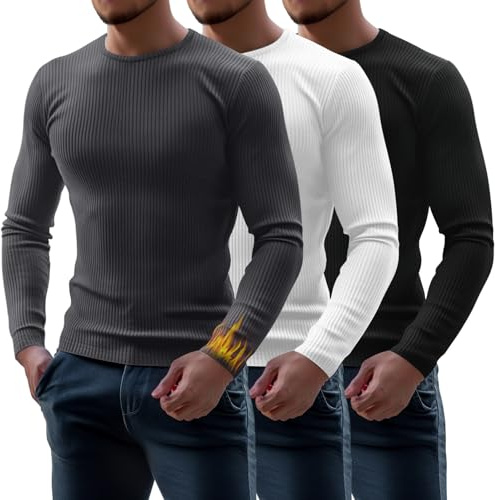 Riyiper 3 Pack Men's Ribbed Thermal Shirts Crew Neck Long Sleeve Tops Winter Stretchy Slim Basic Undershirt(M,Black, White, Gray)