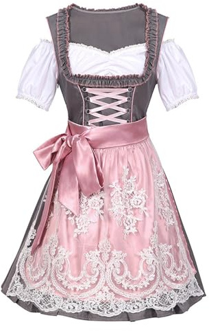 Dirndl pour femme - 3 pièces - Robe traditionnelle élégante - Robe traditionnelle bavaroise en velours - Tablier Dirndl - Dentelle - Chemisier traditionnel bavarois pour fête de la bière, Rose, XL