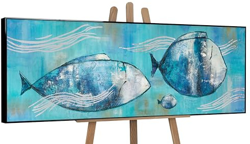 YS-Art Quadro Dipinto a Mano Originale – Pesci Astratti Blu e Turchese, Acrilico su Tela, Arte Costiera Incorniciata per Salotto e Sala da Pranzo 120x40 cm