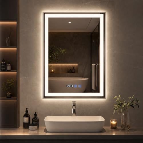 YOURLITE Badspiegel mit Beleuchtung 80x60cm,Badezimmerspiegel LED mit Uhr | Badezimmer Wandspiegel mit Beschlagfrei,Touch-Schalter,Spiegel Bad mit Licht,3 Lichtfarben Dimmbar,Silber,Vertikal,Rechteckig