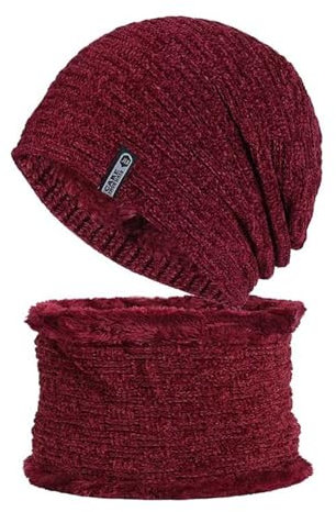 GIBZ Wintermütze Schal Set für Herren, Lässige Warme Beanie mit Fleece Gefütterte, Weicher Strickt Loopschal, Weinrot