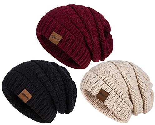 Hatromm Slouchy Mütze Damen Winter 3 Stück, Beanie Mütze Damen Herren Übergroß Warmer Strick, Winter Dick für Kaltes Wetter(Schwarz+Haferflocken+Burgund)