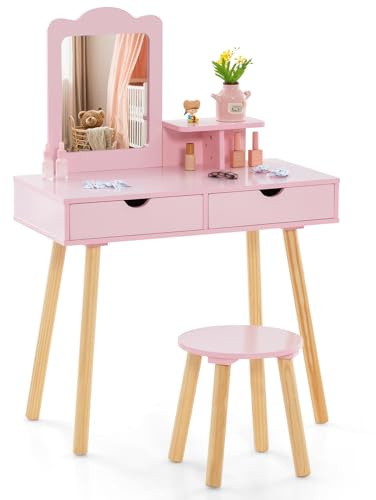 DREAMADE Schminktisch Kinder mit Hocker und Abnehmbarer Spiegel, Prinzessin Frisiertisch mit Schublade Kosmetiktisch aus Holz, Kinderschminktisch für Kinder Mädchen (Hellrosa)