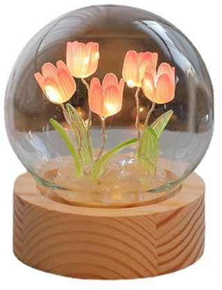 Beufee Blumenlampe, Montage erforderlich Tulpenlampe, handgefertigte künstliche Blumen-Tischlampe, Blumen-Schreibtischlampe, Tulpen-Nachtlicht, einzigartige Lampen, Nachttischlampe für Büro (Rosa)