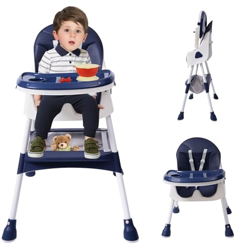 Kinderhochstuhl Hochstuhl Baby, 2-in-1 Klappbarer Baby Essstuhl mit Besteck, Klappbar Höhenverstellung Essstuhl Babys für Zuhause und Unterwegs, Kinder Essen Stuh ab 6-36 Monaten (Blau)