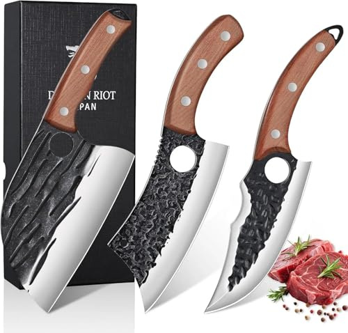 DRAGON RIOT Set de Couteaux de Boucher 3 Pièces - Couteaux Forgés à la Main, Couteau de Cuisine Serbe, Couteau à Désosser Viking - Pour Viande, BBQ - Cadeau Hommes