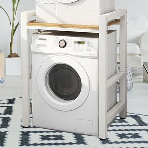 Dernoing Tumble Dryer Stacking Kit Height Adjustable, Metal Frame Washing Machine Stacking Kits 800KG Load, Washing Machine Stand for Home Bathroom/Commercial (White Wood, H:95-105CM)