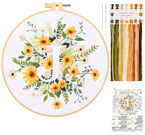 JSRQT Kit per Principianti Ricamo Starter con Lettera J, Fiore Punto Croce Stampato Kit Bambini Adulti, Artigianato Fatto a Mano con Strumento, Telaio per Ricamo, Ago e Fili