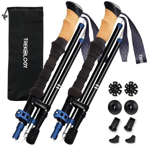 TREKOLOGY Trek-Z Cork Grip Trekking Poles – Lightweight Folding Hiking Poles, Adjustable Height, Compact Travel Design, Aircraft-Grade Aluminum Walking Sticks for Men & Women