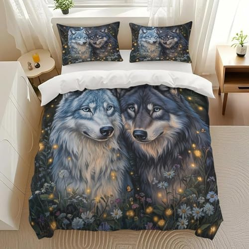LALIHRLAL Wolf Duo in Moonlight Bedding Comforter Sets Bedding Set 3 Pieces (1 Duvet Cover 2 Pillowcases) with Zipper Closure Lightweight