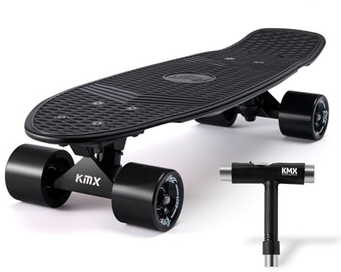 KMX Skateboard - Monopatín Mini Cruiser Pro de 22 Pulgadas para Principiantes y Avanzados | para Adultos, Chicos, Chicas, Niños, Estudiantes | Penny Board Más Ancha (Negro)