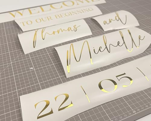 Personalisierter Hochzeit‑Aufkleber für Spiegel/Acryl – Gold, Silber, Weiß, Schwarz– Willkommensschild aus Vinyl mit Namen & Datum, elegante Hochzeitsdekoration